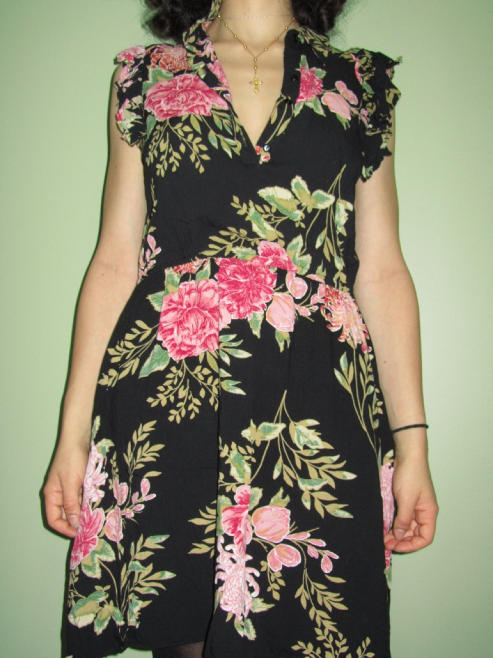Sleeveless Black Floral Fit-and-Flare Dress with Pink Roses - Picture 3 of 3